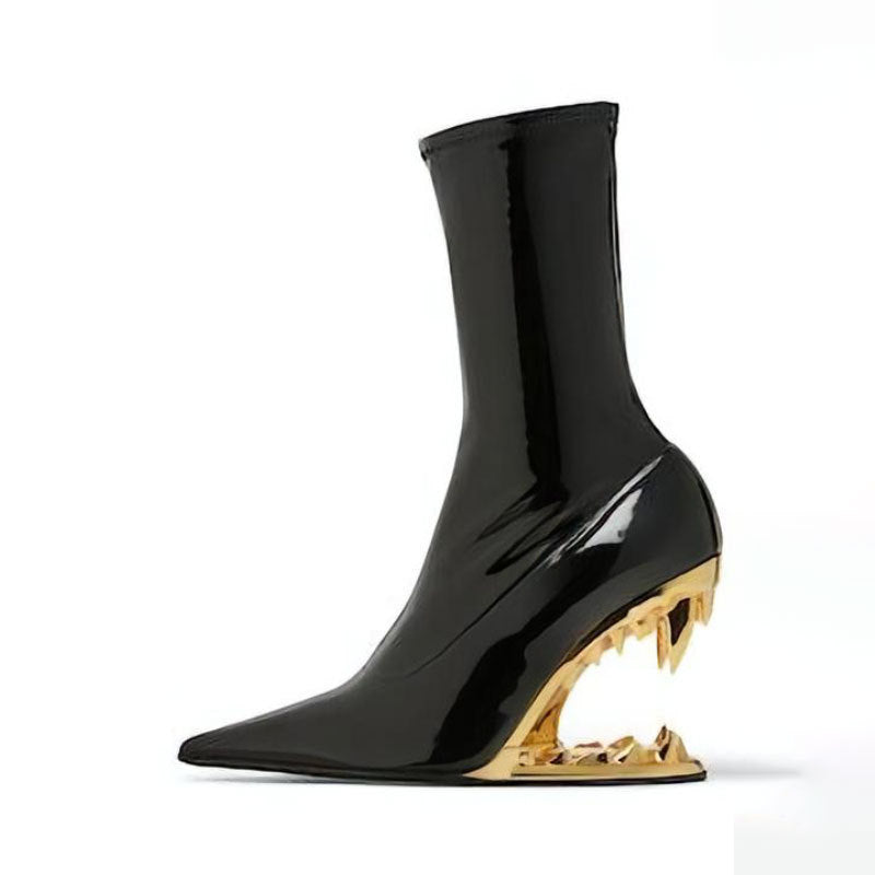 Metal Hollow Fangtooth Giant Tooth Tiger Tooth Profiled Heel Knitted Elastic Bootie