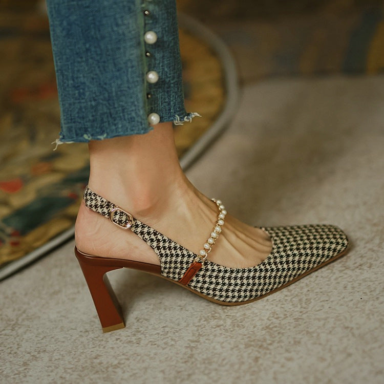 Square Toe High Heel Chain Buckle Back Sandals