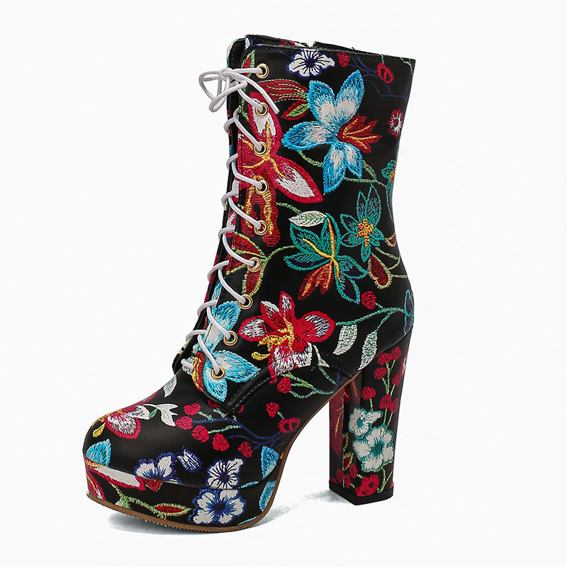 Europe And America Bohemia Lace Up Platform High Heel Women's Boots