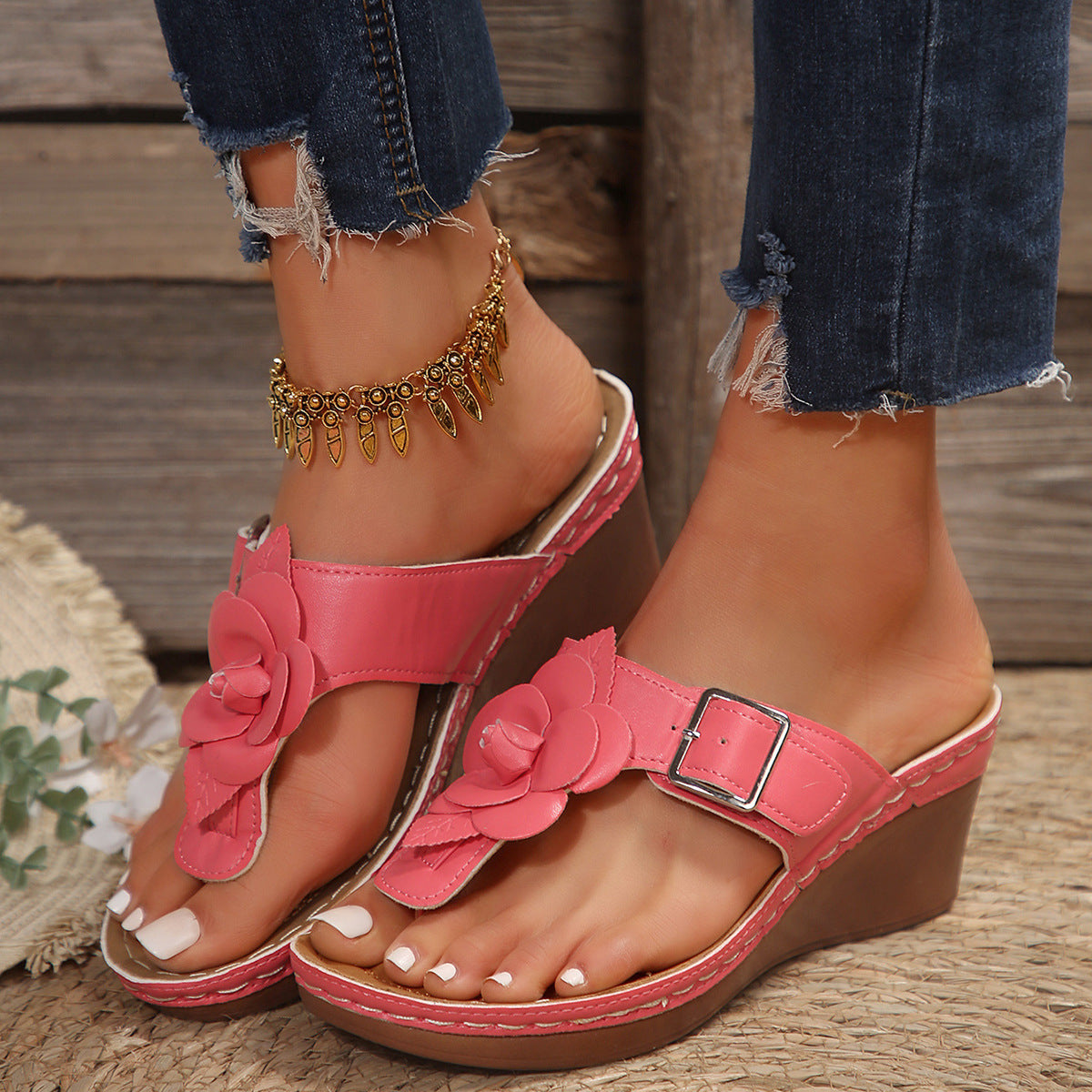 New Flower Belt Buckle Casual Solid Color Retro Herringbone Slippers