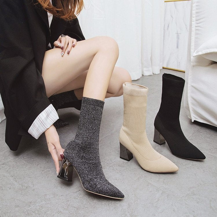 New Women's Pointed Toe Mid-tube Fashion High Heel Boots