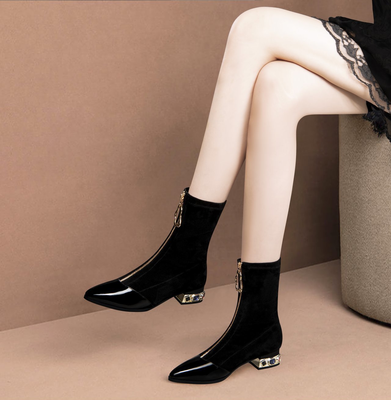 Women's Mid-Heel Mid-Tube Front Zipper Thin Boots
