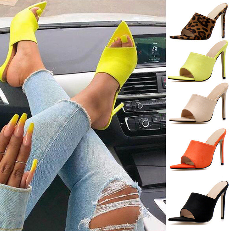 Summer New Women'S Shoes Stiletto High Heels Leopard Print Pointed Toe Fashionable Sandals And Slippers