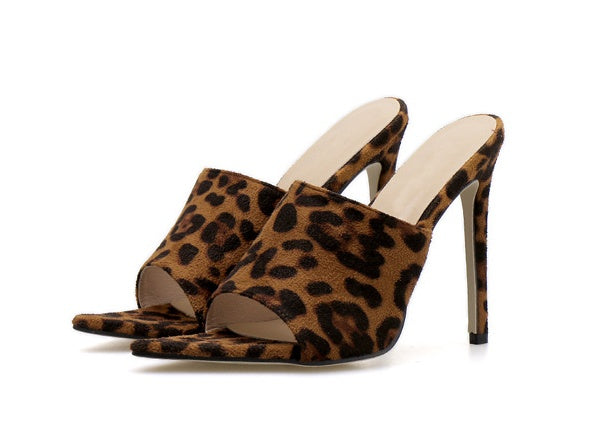 Summer New Women'S Shoes Stiletto High Heels Leopard Print Pointed Toe Fashionable Sandals And Slippers