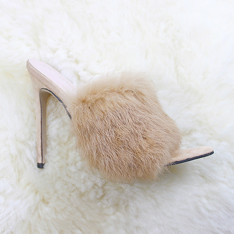 European And American Fashion Rabbit Hair Fish Mouth High Heel Sandals And Slippers