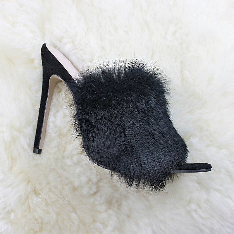 European And American Fashion Rabbit Hair Fish Mouth High Heel Sandals And Slippers
