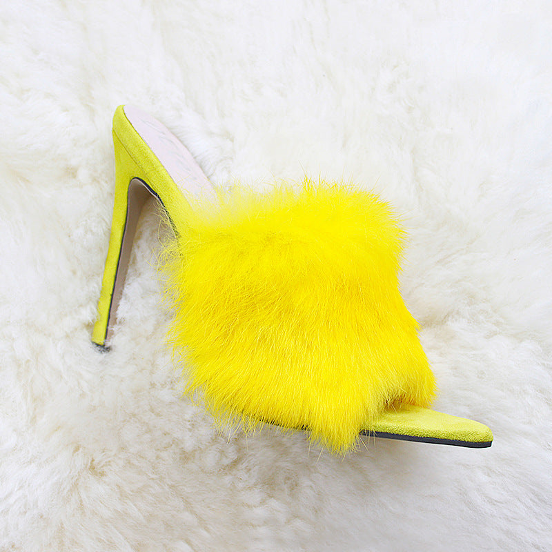 European And American Fashion Rabbit Hair Fish Mouth High Heel Sandals And Slippers