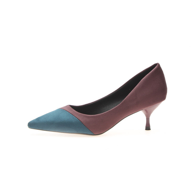 Stitching High Heels Pointed Toe Stiletto Women's Single Shoes Suede Over-feet Low-top Shoes