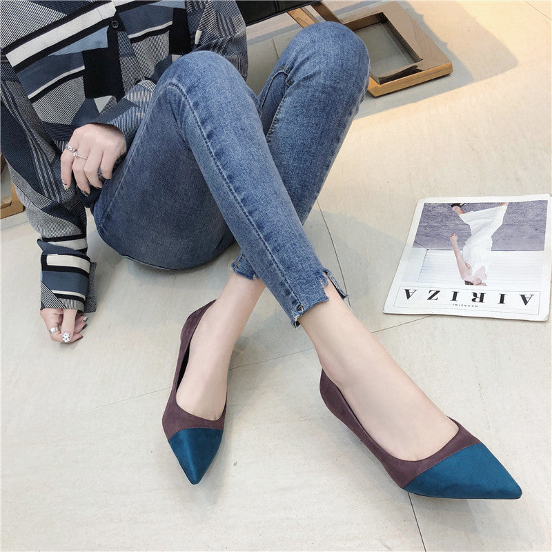 Stitching High Heels Pointed Toe Stiletto Women's Single Shoes Suede Over-feet Low-top Shoes
