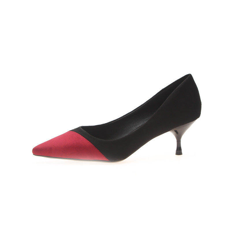 Stitching High Heels Pointed Toe Stiletto Women's Single Shoes Suede Over-feet Low-top Shoes