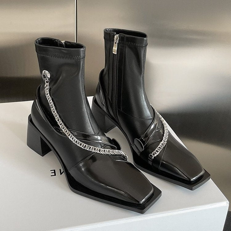Soft Leather Square Toe Chunky Heel Short Boots Women
