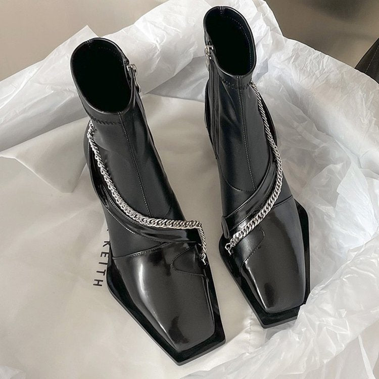 Soft Leather Square Toe Chunky Heel Short Boots Women