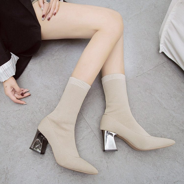 New Women's Pointed Toe Mid-tube Fashion High Heel Boots