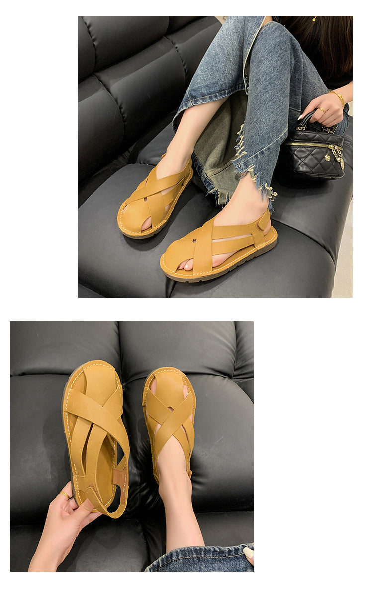 Retro Solid Color Handmade Woven Flat Round Head Leisure Roman Shoes
