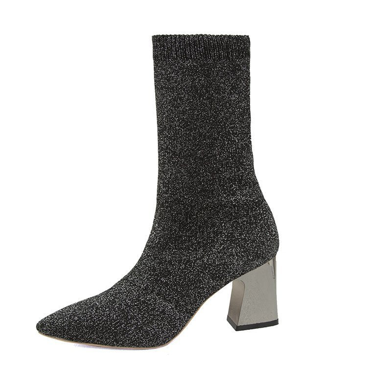 New Women's Pointed Toe Mid-tube Fashion High Heel Boots