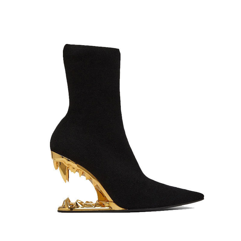 Metal Hollow Fangtooth Giant Tooth Tiger Tooth Profiled Heel Knitted Elastic Bootie