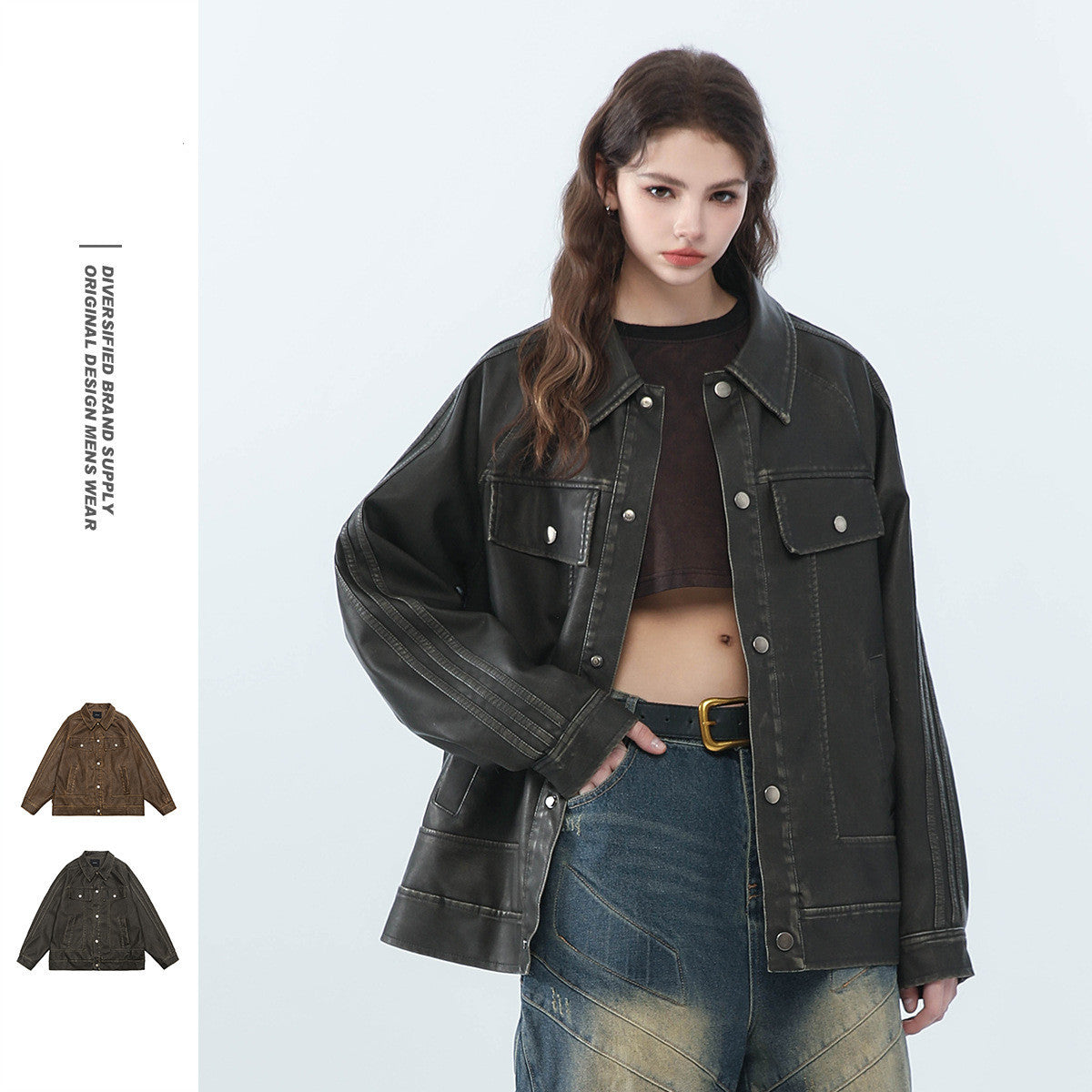 American Retro Distressther Fed Lapel PU Leaor Men And Women Biker's Leather Jacket