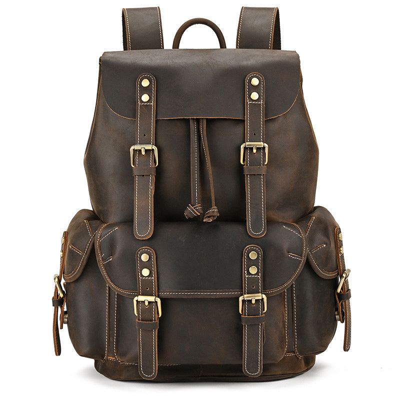 Large Capacity Crazy Horse Leather Backpack Travel Outdoor Flip