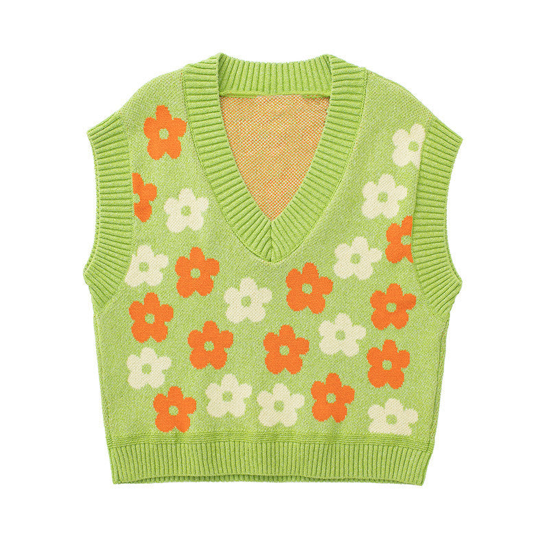 Women's Fashion Preppy Floral Pattern Knitted Cotton Green Vest