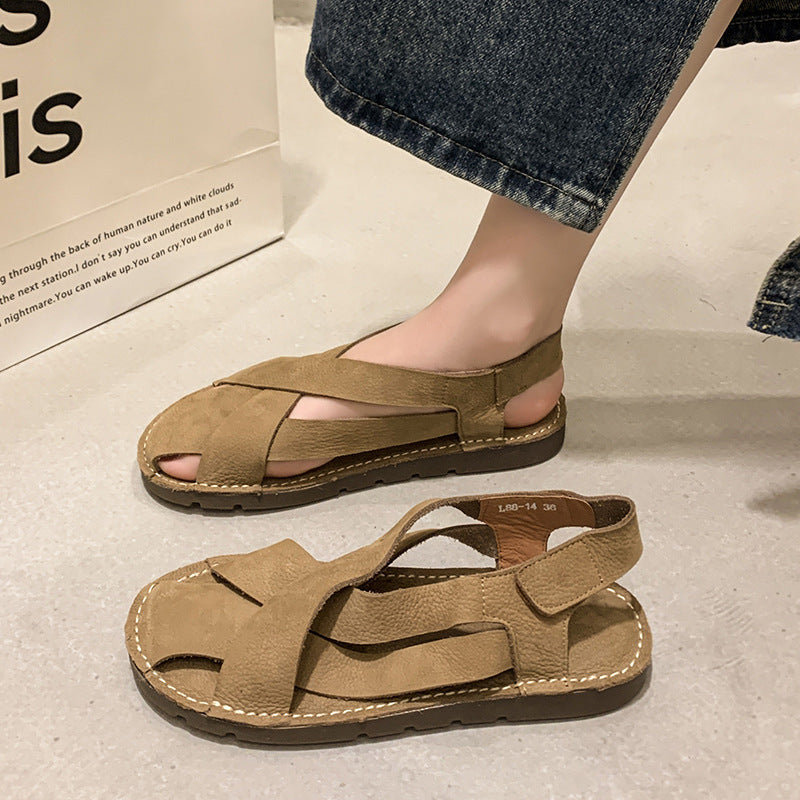 Retro Solid Color Handmade Woven Flat Round Head Leisure Roman Shoes