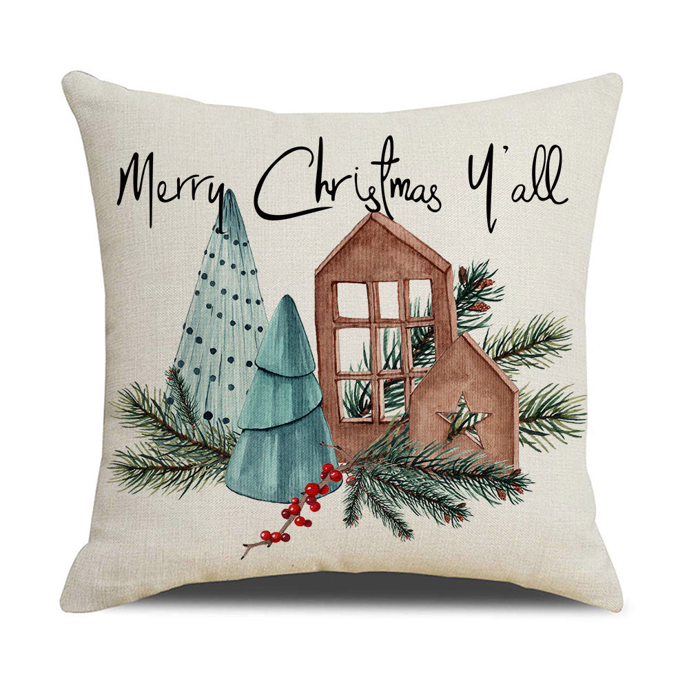 Simple Linen Printed Watercolor Christmas Pillow Cover