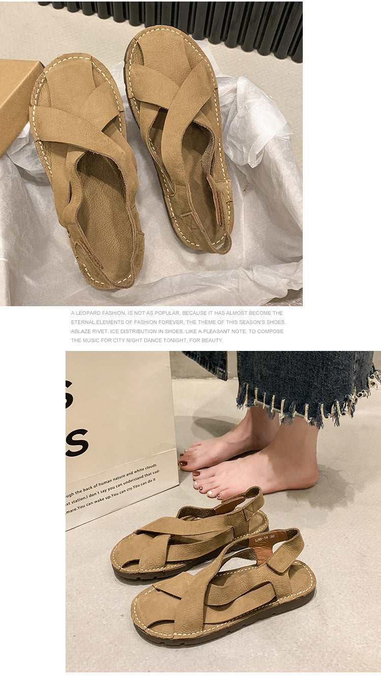 Retro Solid Color Handmade Woven Flat Round Head Leisure Roman Shoes