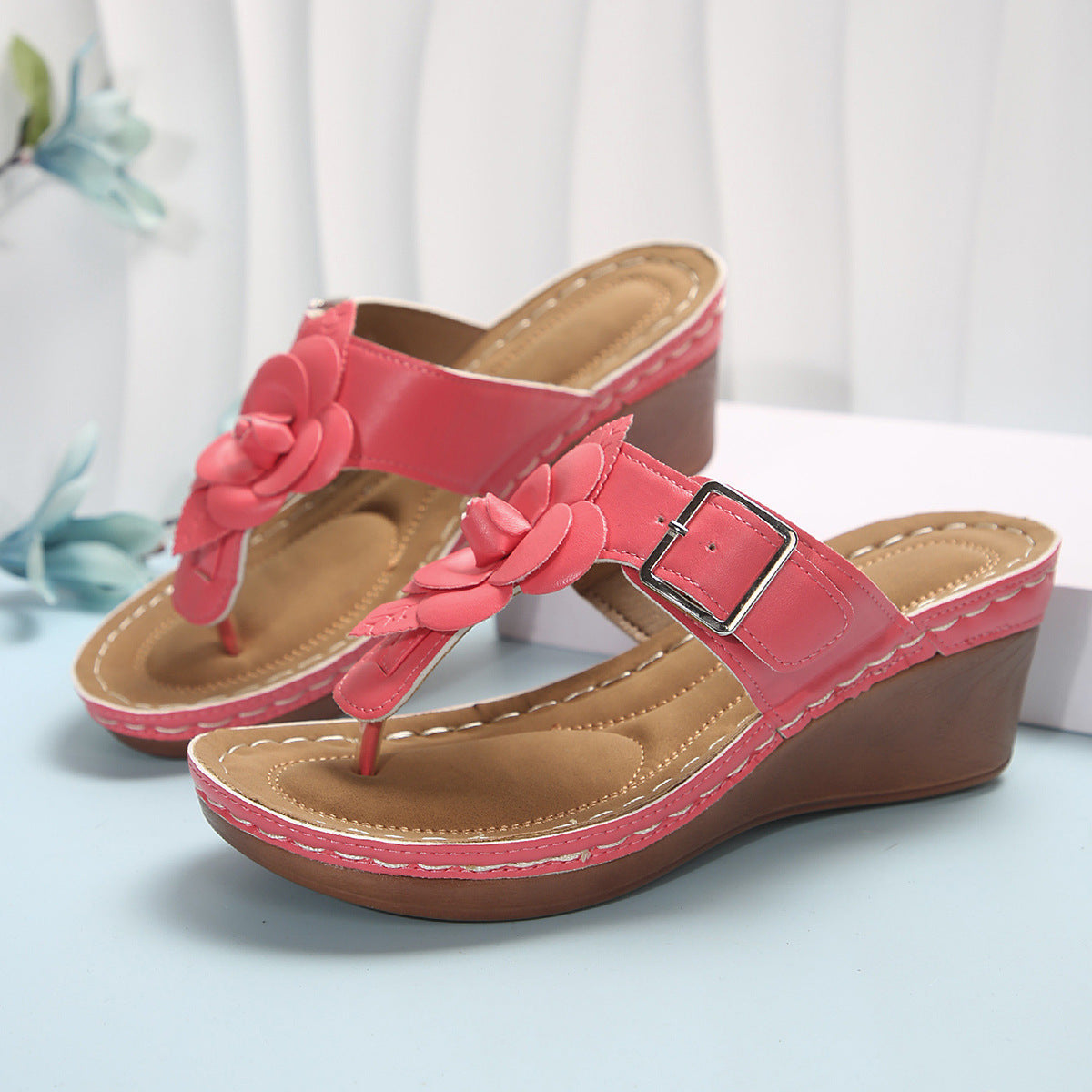 New Flower Belt Buckle Casual Solid Color Retro Herringbone Slippers