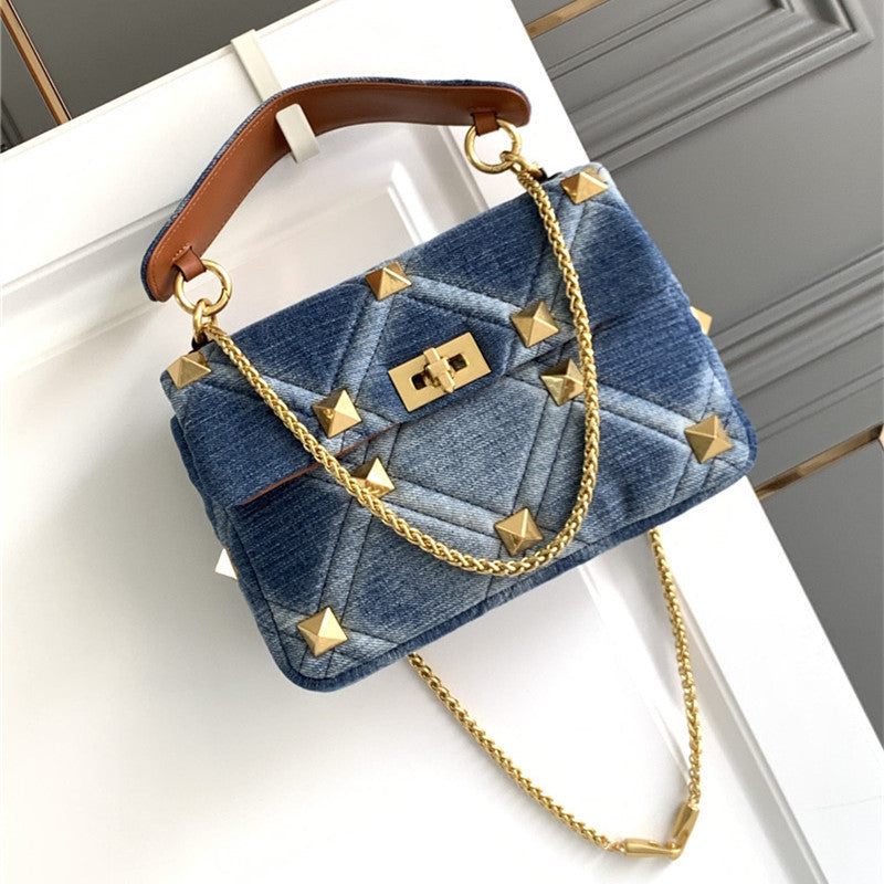 Denim With Cowhide Bag Large Rivet