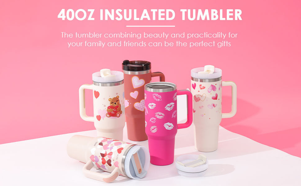 40 Oz Tumbler With Handle Straoffee Cup Tumbler With Lid Tapered Mug Gifw Insulated, Stainless Steel Spill Proof Vacuum Cts For Valentine Lover Suitable For Car Gym Office Travel