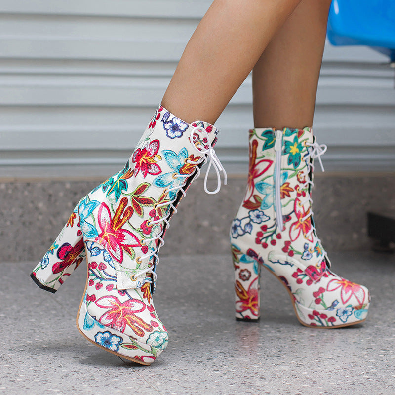 Europe And America Bohemia Lace Up Platform High Heel Women's Boots