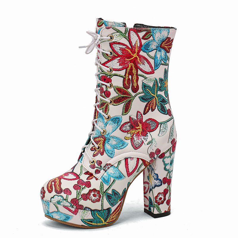 Europe And America Bohemia Lace Up Platform High Heel Women's Boots