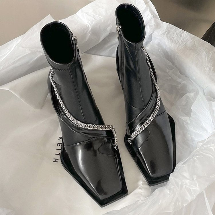 Soft Leather Square Toe Chunky Heel Short Boots Women