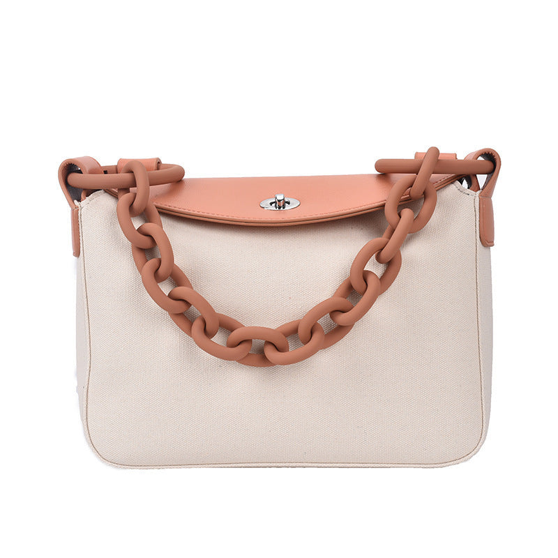 Painted Thick Chain Portable Large-capacity Canvas Bag Hit Color PU Single Shoulder