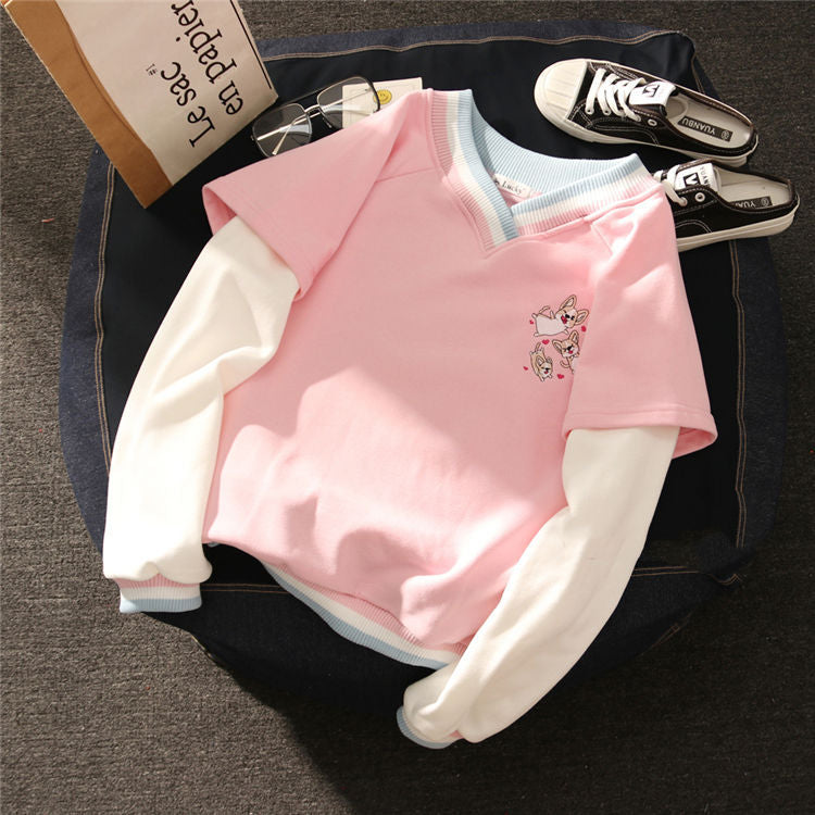 College stitching fake two-piece V-neck sweater