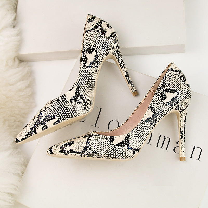 Shallow Mouth Snake Pattern Pointed Sexy Nightclub Showed Thin High Heels