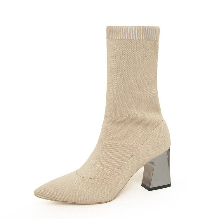 New Women's Pointed Toe Mid-tube Fashion High Heel Boots