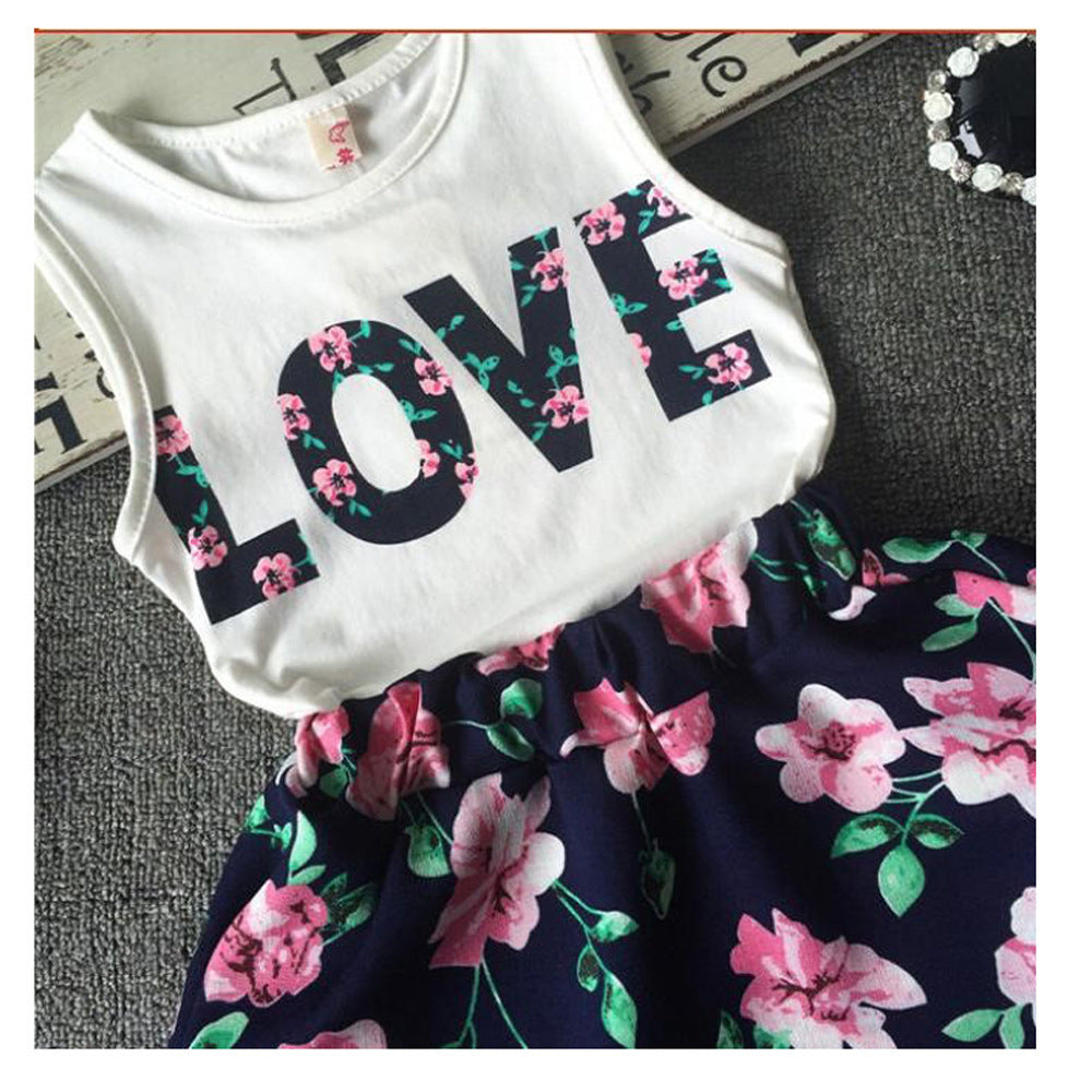Girls Alphabet Flower Sleeveless Vest Floral Short Skirt 2-Piece Set
