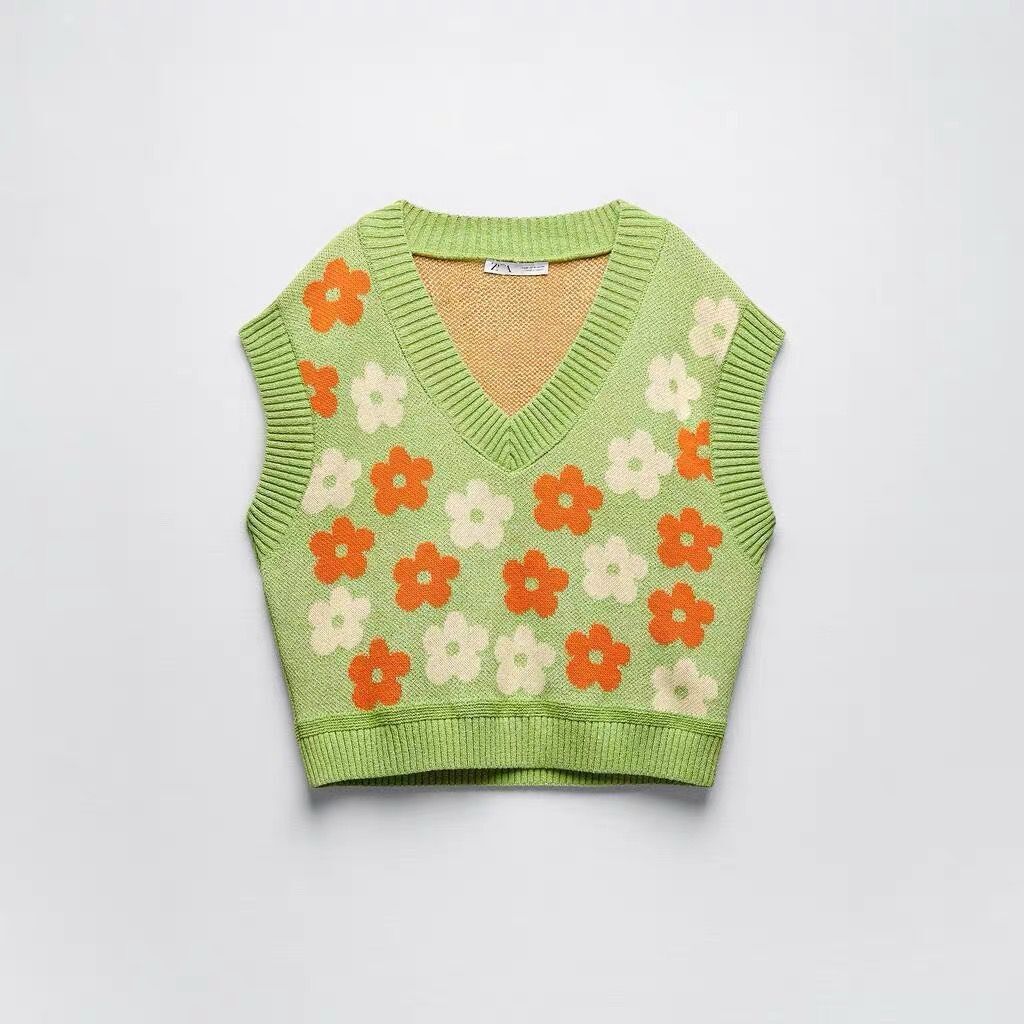 Women's Fashion Preppy Floral Pattern Knitted Cotton Green Vest