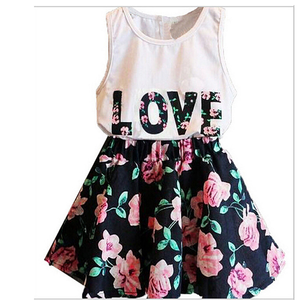 Girls Alphabet Flower Sleeveless Vest Floral Short Skirt 2-Piece Set