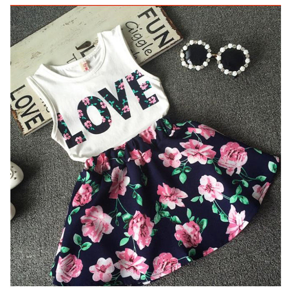 Girls Alphabet Flower Sleeveless Vest Floral Short Skirt 2-Piece Set