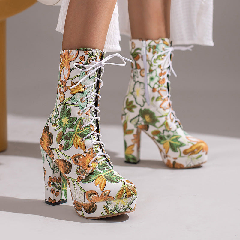 Europe And America Bohemia Lace Up Platform High Heel Women's Boots