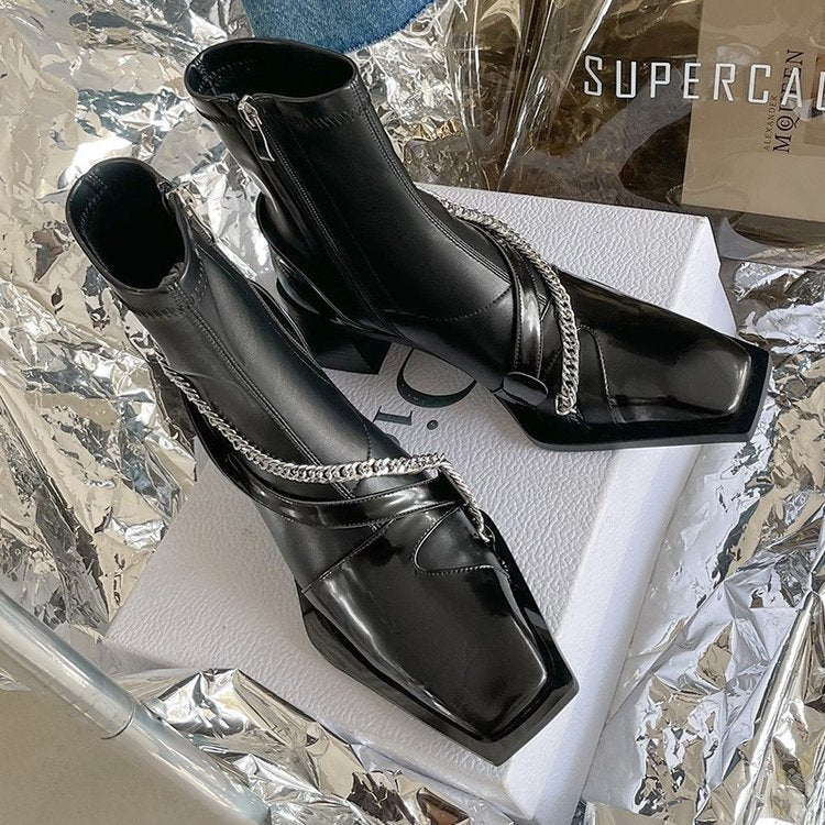 Soft Leather Square Toe Chunky Heel Short Boots Women