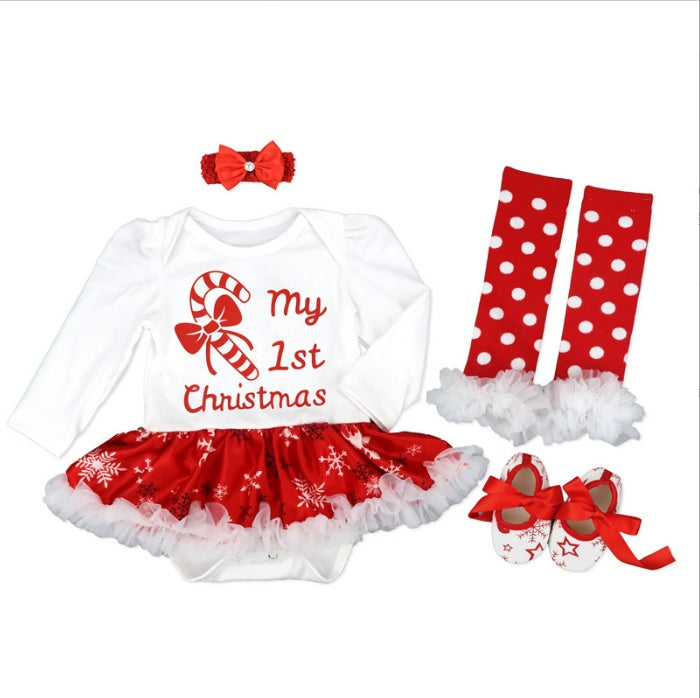 Christmas Newborn Baby Shoes Wearing Long Sleeve Dress