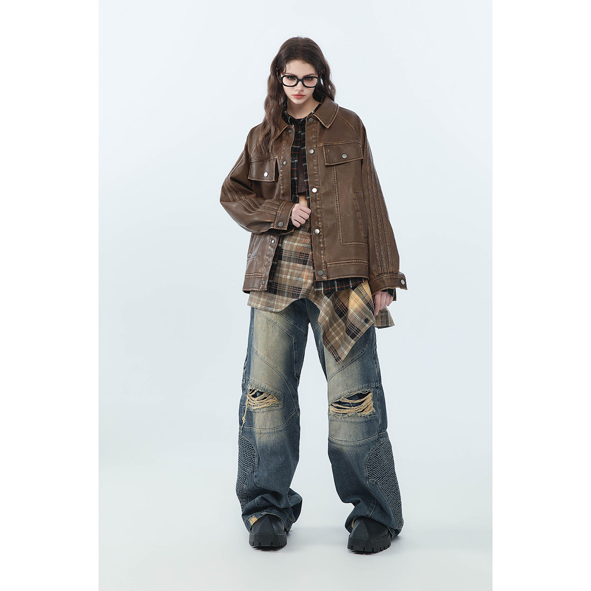 American Retro Distressther Fed Lapel PU Leaor Men And Women Biker's Leather Jacket