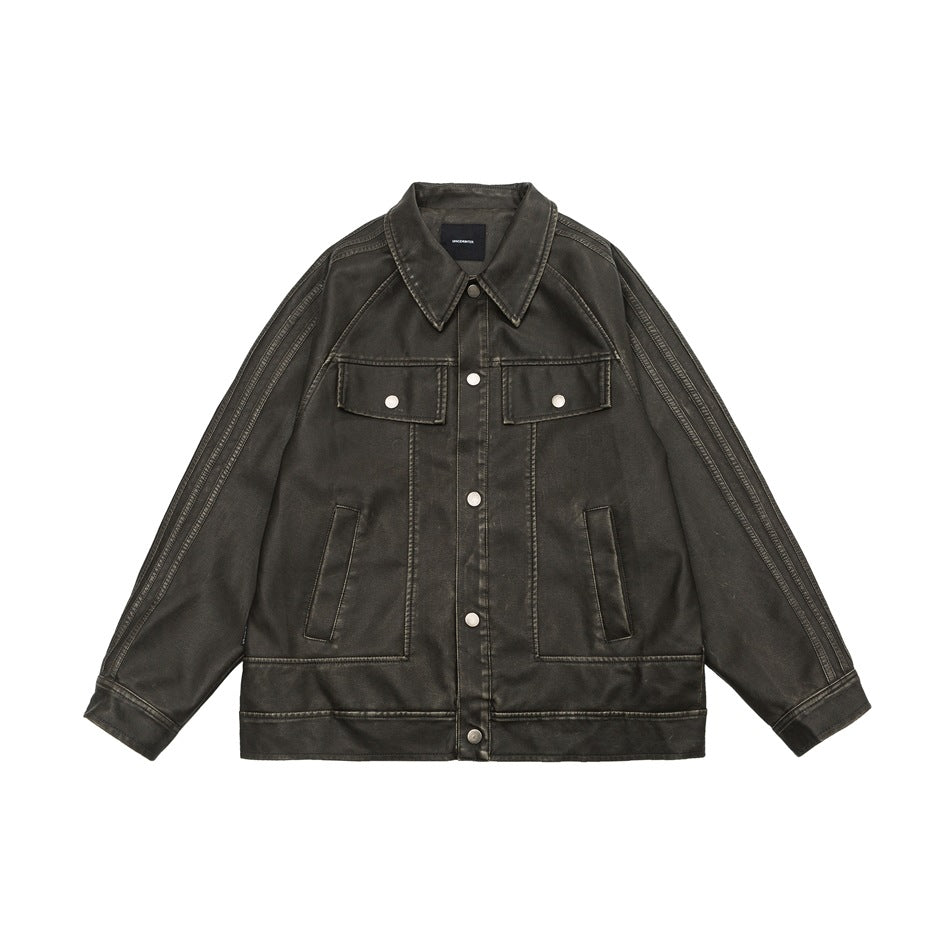 American Retro Distressther Fed Lapel PU Leaor Men And Women Biker's Leather Jacket