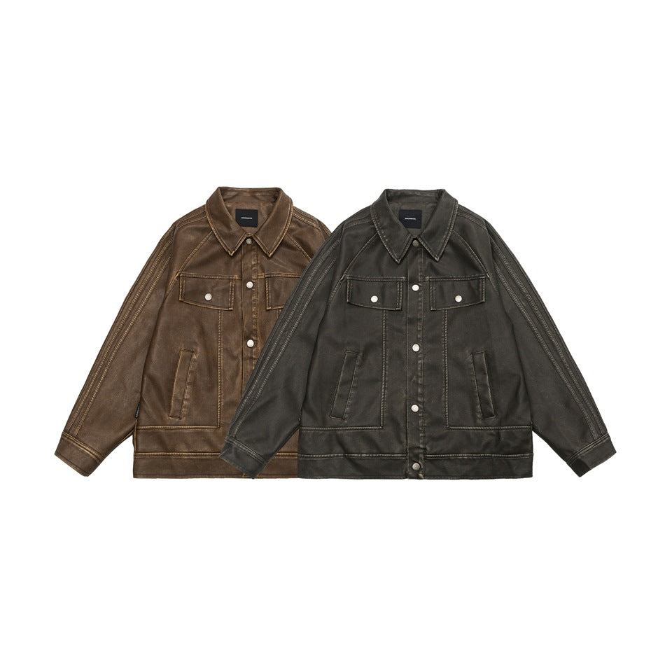 American Retro Distressther Fed Lapel PU Leaor Men And Women Biker's Leather Jacket