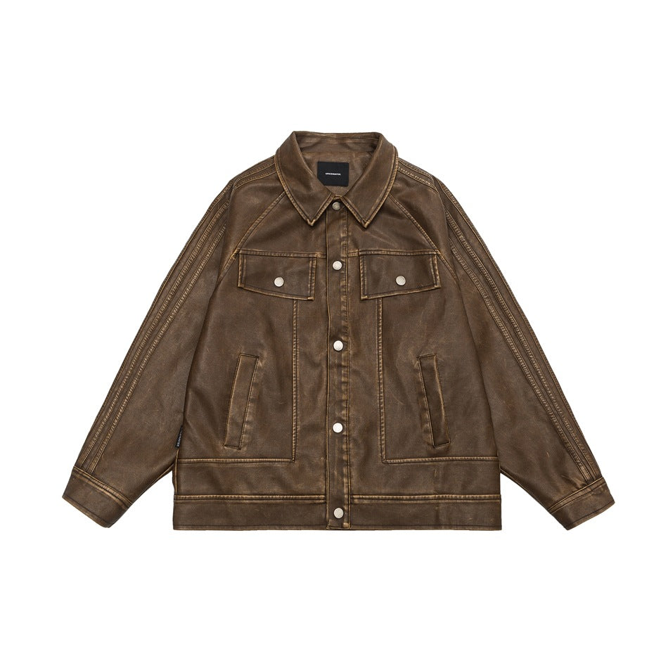 American Retro Distressther Fed Lapel PU Leaor Men And Women Biker's Leather Jacket