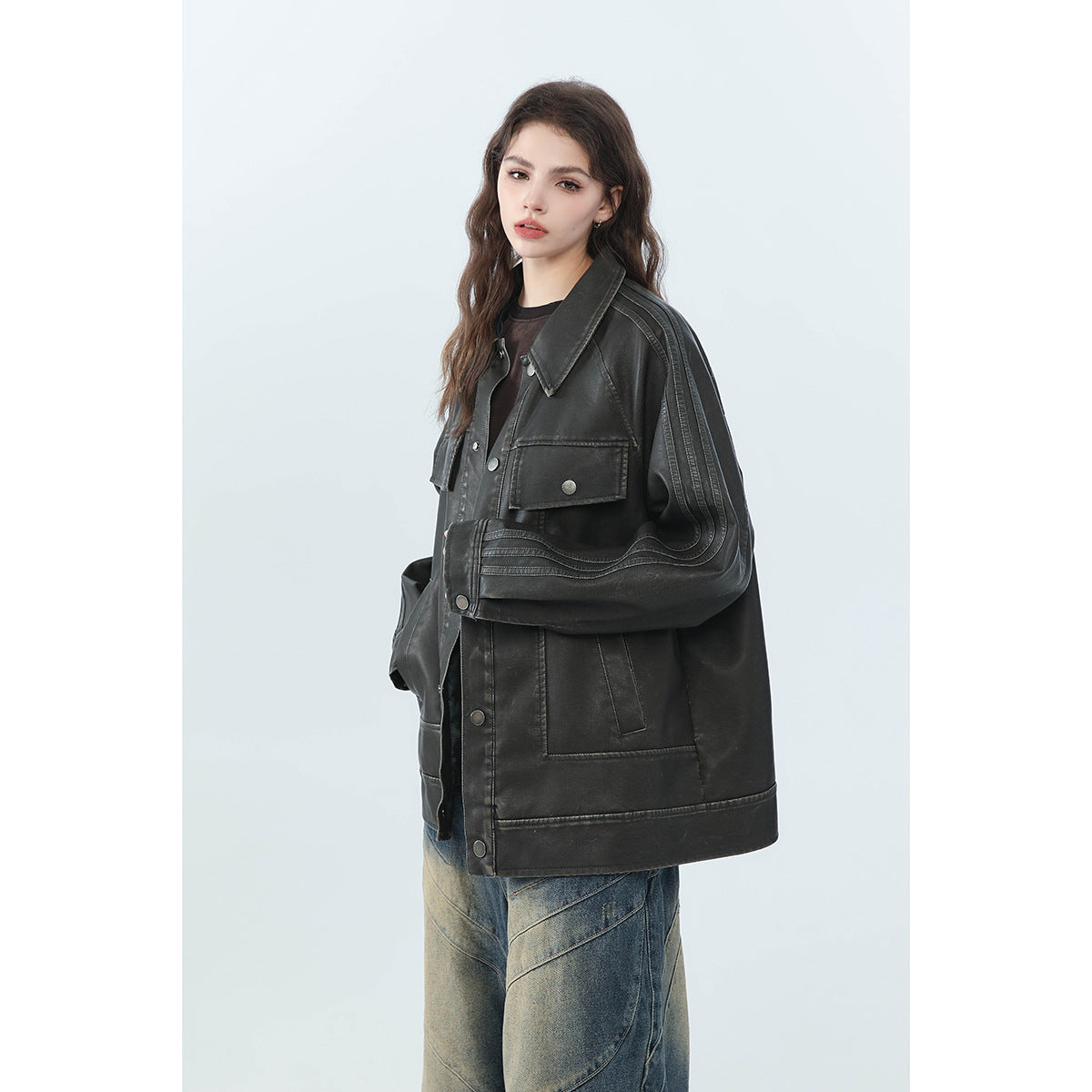 American Retro Distressther Fed Lapel PU Leaor Men And Women Biker's Leather Jacket