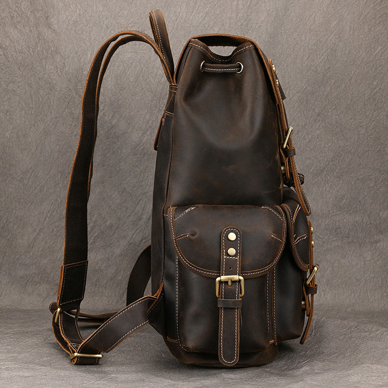 Large Capacity Crazy Horse Leather Backpack Travel Outdoor Flip
