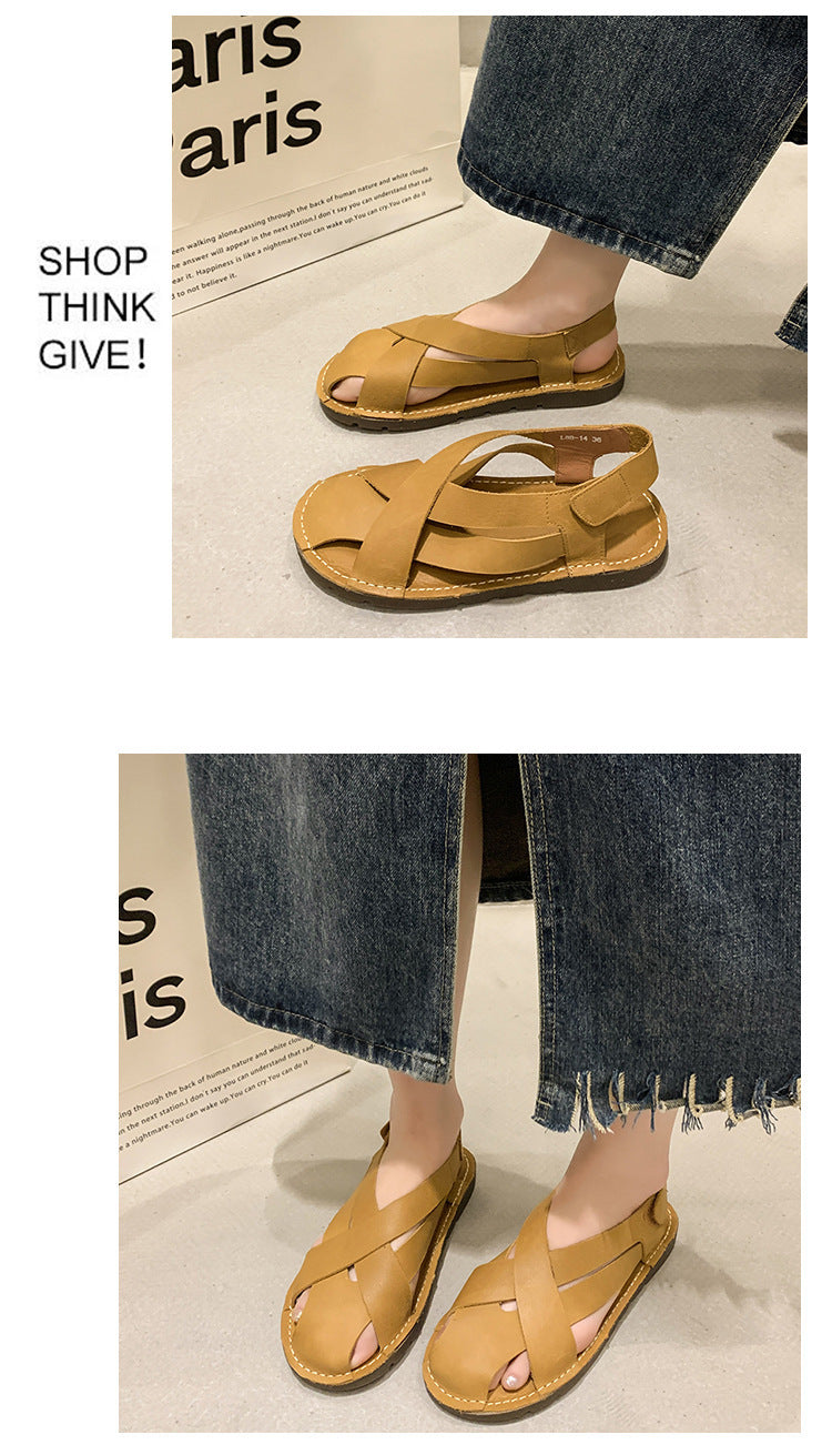 Retro Solid Color Handmade Woven Flat Round Head Leisure Roman Shoes